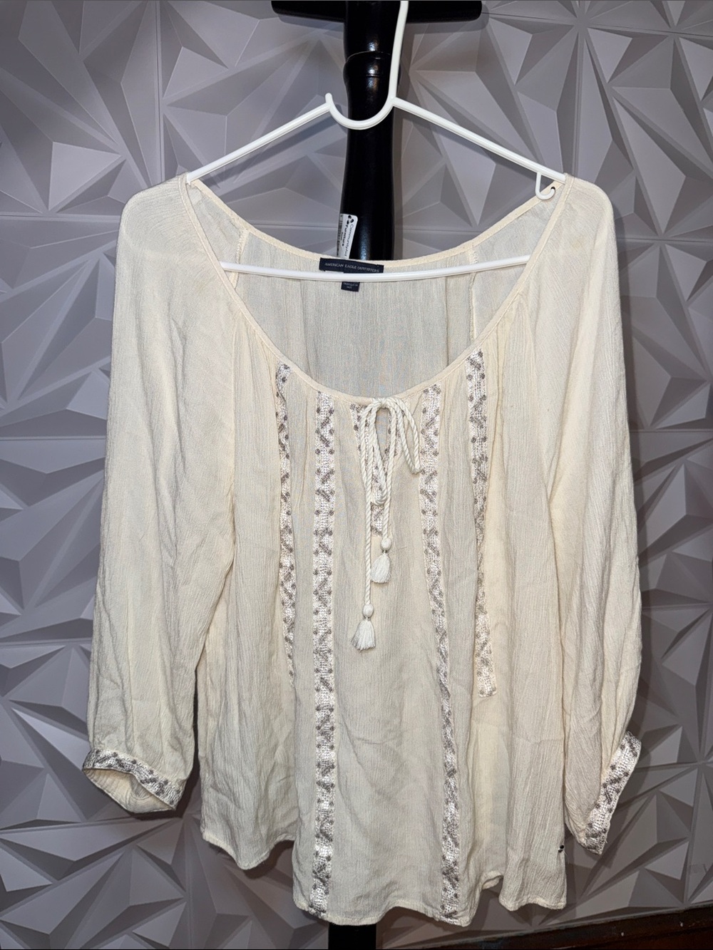 American Eagle Outfitters Cream Embroidered Peasant Top